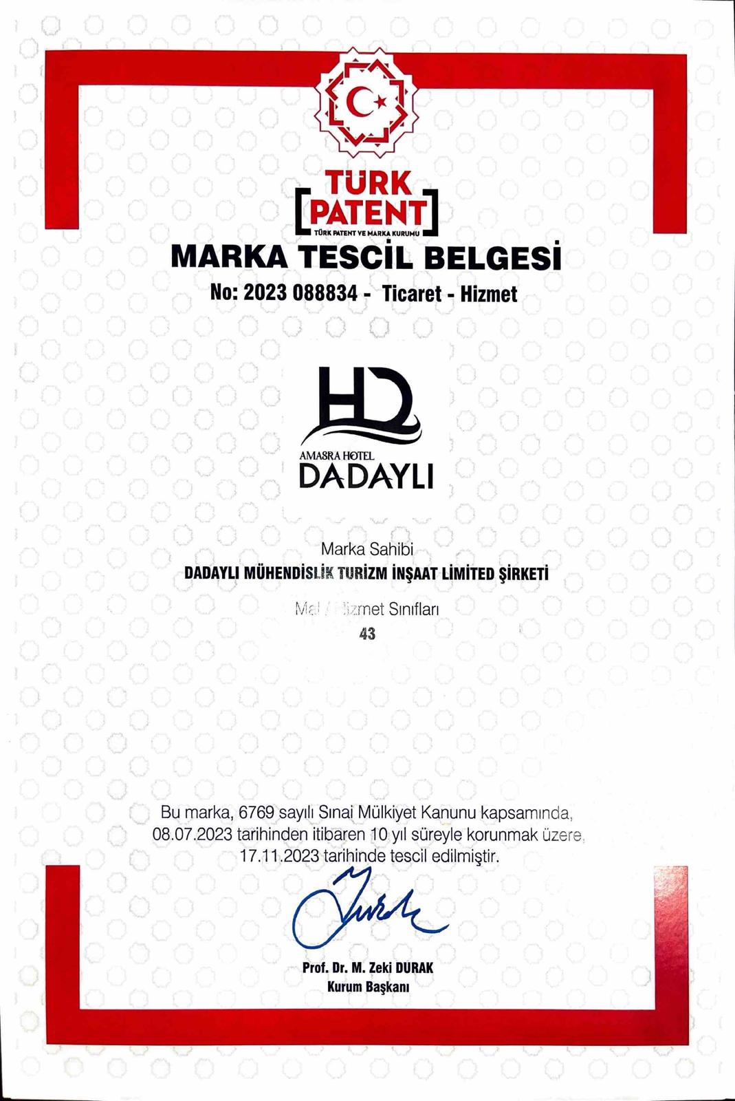 Amasra Hotel Dadaylı Marka Tescil Belgesi